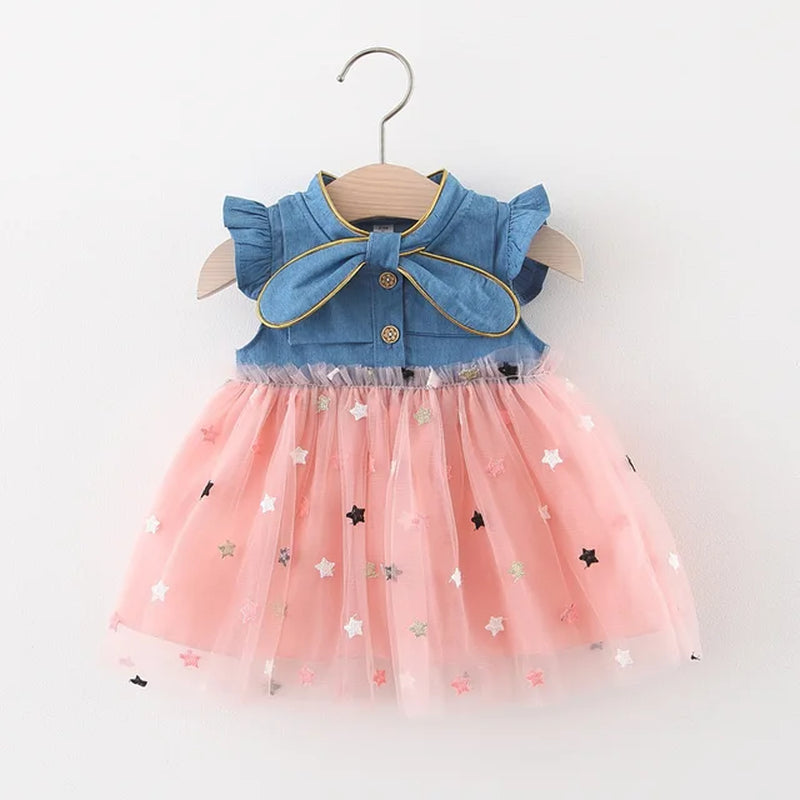 Girls' Summer New Little Flying Sleeve Dress Children'S Cute Bow Denim Splice Gold Plated Mesh Ponchy Skirt