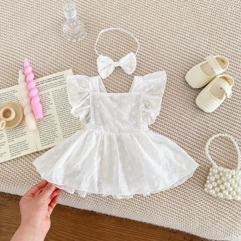 Newborn Baby Girl Princess Jumpsuit Cute Lace Sleeves Dress Jumpsuit Set + Bow Hairpin Baby Girl Lovely 2PCS