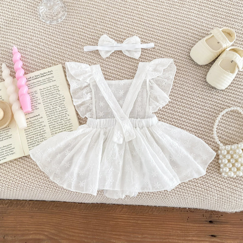 Newborn Baby Girl Princess Jumpsuit Cute Lace Sleeves Dress Jumpsuit Set + Bow Hairpin Baby Girl Lovely 2PCS