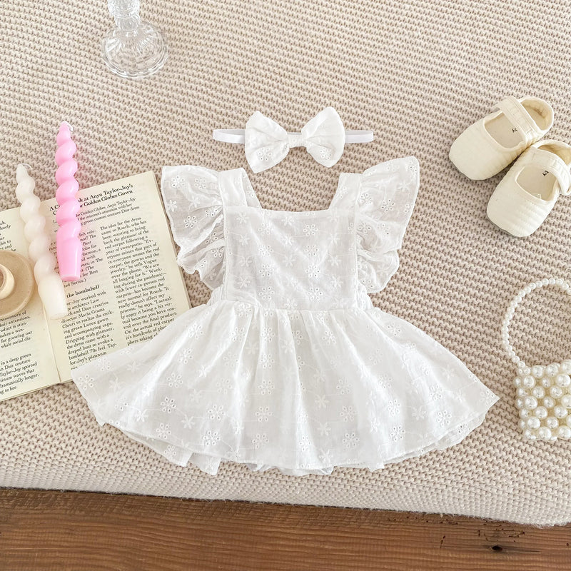 Newborn Baby Girl Princess Jumpsuit Cute Lace Sleeves Dress Jumpsuit Set + Bow Hairpin Baby Girl Lovely 2PCS