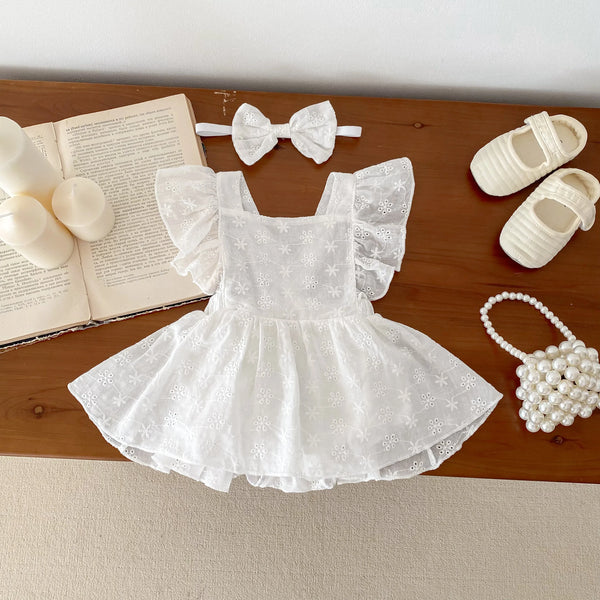 Newborn Baby Girl Princess Jumpsuit Cute Lace Sleeves Dress Jumpsuit Set + Bow Hairpin Baby Girl Lovely 2PCS