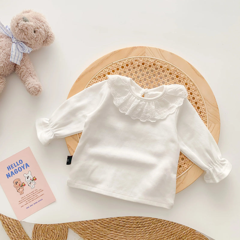 Newborn Baby Girls Baby Tee T-Shirt Spring and Autumn O-Neck Solid Cute Travel Sweet Long-Sleeved Korean Fashion Soft Casual