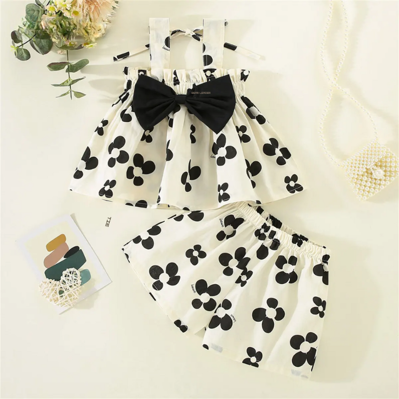 Summer Preschool Girls 0-3 Years Old Sweet Printed Bow Decorative Strap Top and Shorts 2 Pieces/Set