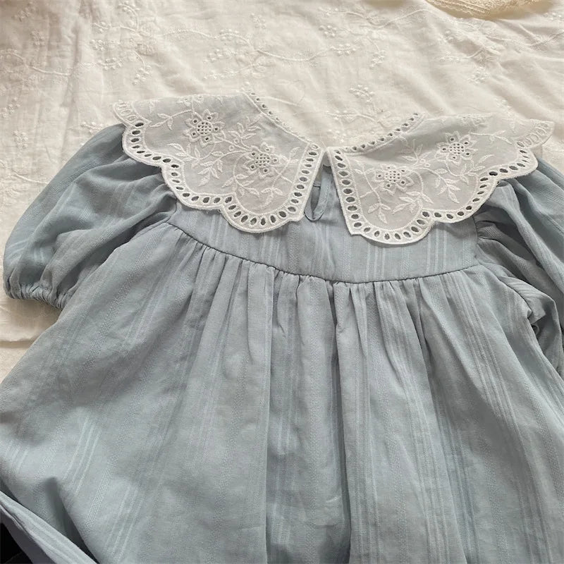 2024 New Summer Baby Girls Princess Dresses Short Sleeve Korean Style Lace Collar Toddlers Kids Cotton Cute Dress