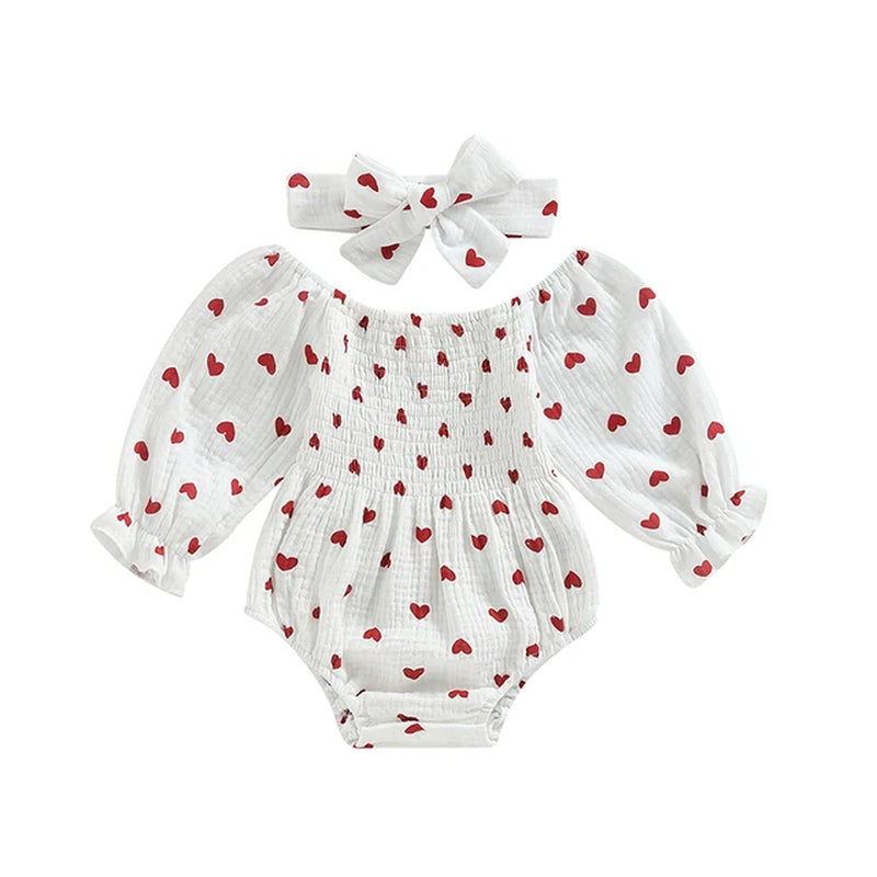 Infant Baby Girls Valentine'S Day Romper Heart Print Long Sleeve Boat Neck Jumpsuits Spring Fall Bodysuits with Headband