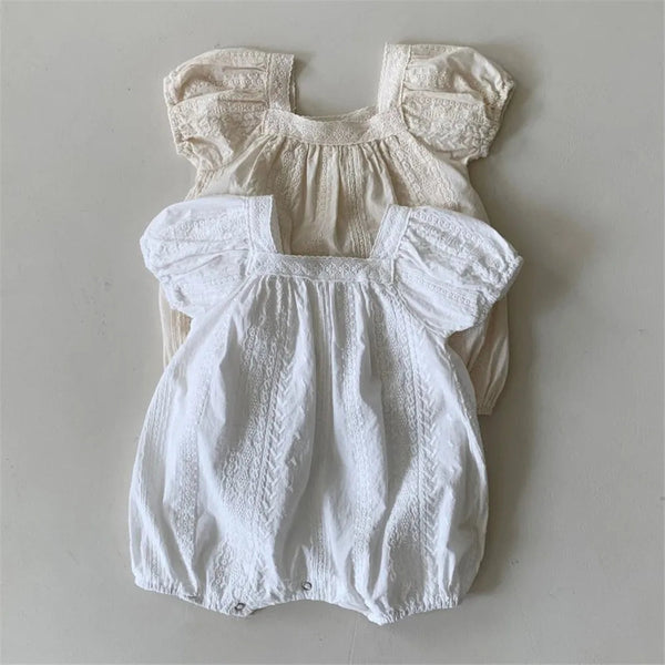 2024 Summer New Baby Girl Short Puff Sleeve Rompers Solid Newborn Clothes Girls Jumpsuit Square Neck Embroidery Bubble Romper