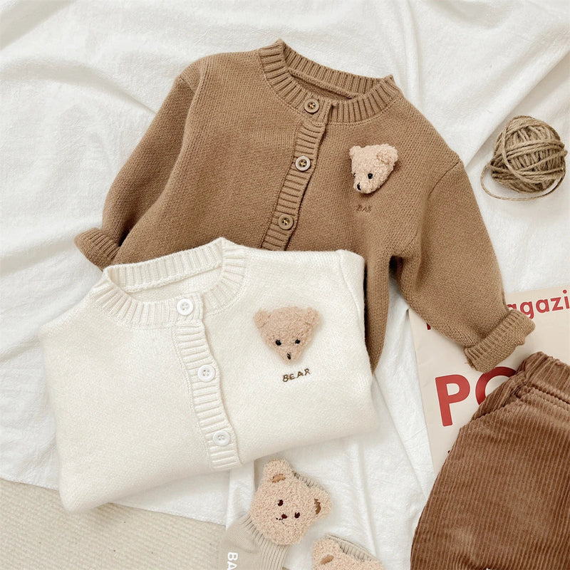 Newborn Baby Girls/Boys Spring and Autumn Knitted Coat Cute Korean O-Neck Travel Cartoon Bear Long Sleeved Fashion Soft Casual