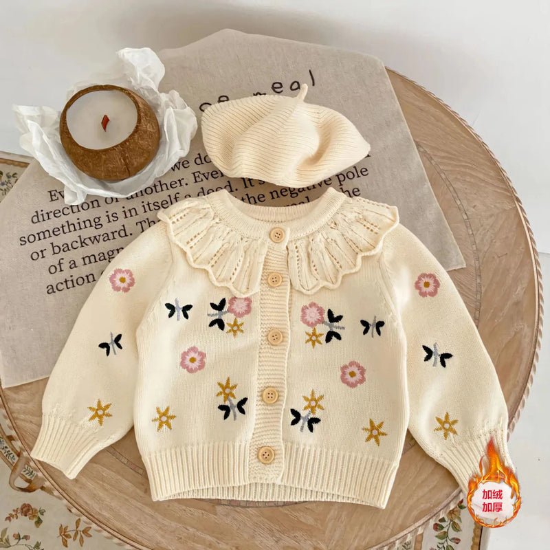 Children'S Cute Knitted Sweater Baby Girl'S Spring Autumn Flower Embroidery Lace Collar Single Breasted O-Neck Cardigan