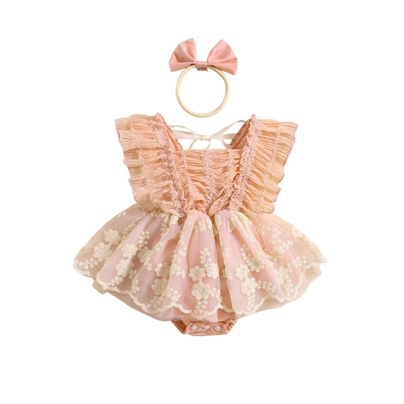 Baby Girls Rompers Dress Fly Sleeve Lace Flower Embroidery Skirt Hem Infant Jumpsuits Summer Clothes with Headband 0-24M