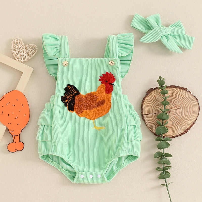 0-12M Lovely Baby Girls Boys Rompers Fuzzy Chicken Embroidery Ruffles Fly Sleeve Backess Jumpsuits with Headband