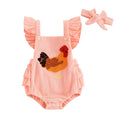 0-12M Lovely Baby Girls Boys Rompers Fuzzy Chicken Embroidery Ruffles Fly Sleeve Backess Jumpsuits with Headband