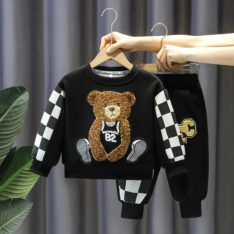 Spring Baby Girl Boy Embroidery Clothes Set Children Sports Cartoon Bear Sweatshirt Top and Pants Bottom Suit Cotton Tracksuit