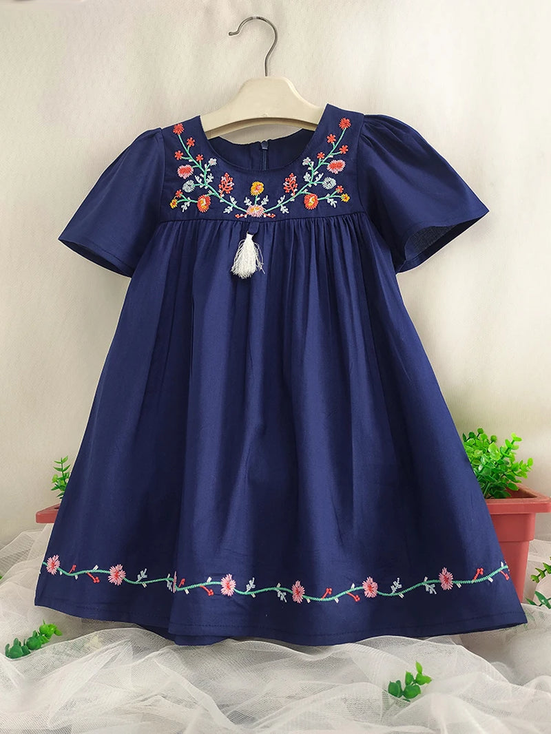 Toddler Girls Short Sleeve Flowers Embroidered Cotton Casual Princess Dress for Party Kids Summer Clothes