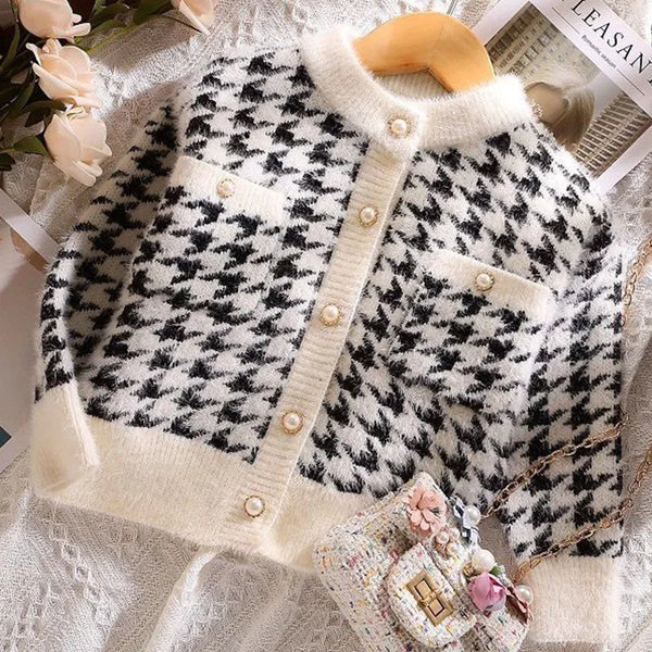 Girls' Autumn Winter Y2K Sweet Houndstooth Cardigan Long Sleeve Kawaii Kids Sweater Fashion Lively Cute Korean Children'S Tops