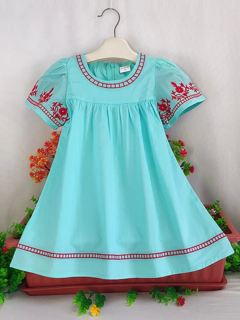 Toddler Girls Short Sleeve Flowers Embroidered Cotton Casual Princess Dress for Party Kids Summer Clothes