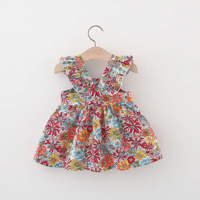 Summer Baby Girl'S Dress New Vintage Garden Flower Flying Sleeve Dress with Straw Bag