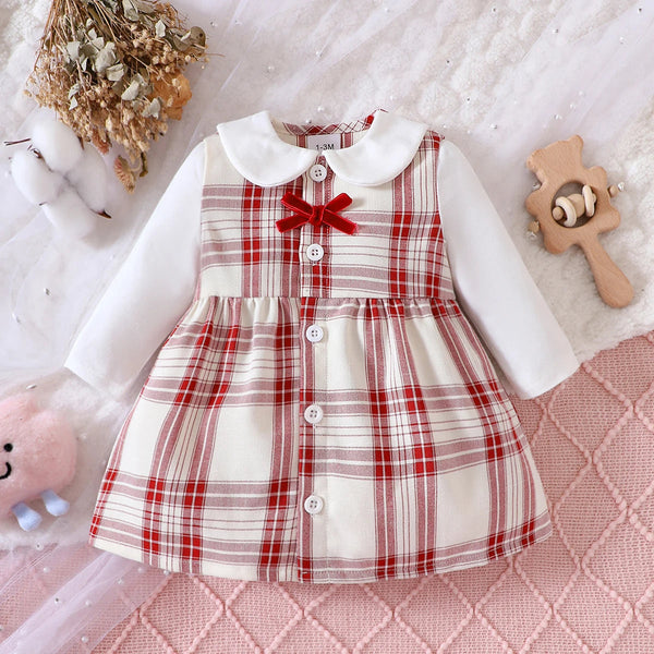 Girls Dress with a Ruffled Collar Long Sleeved Button up Bow Tie Fluffy Skirt Plaid Pattern Fashionable New Home Style