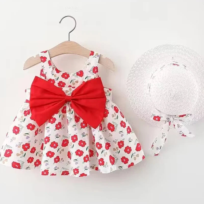 New Girl Floral Dress Sweet Summer Bow Toddler Beach Dress for Children Aged 0 to 3 Newborn Clothing+Hat Set of 2 Pieces