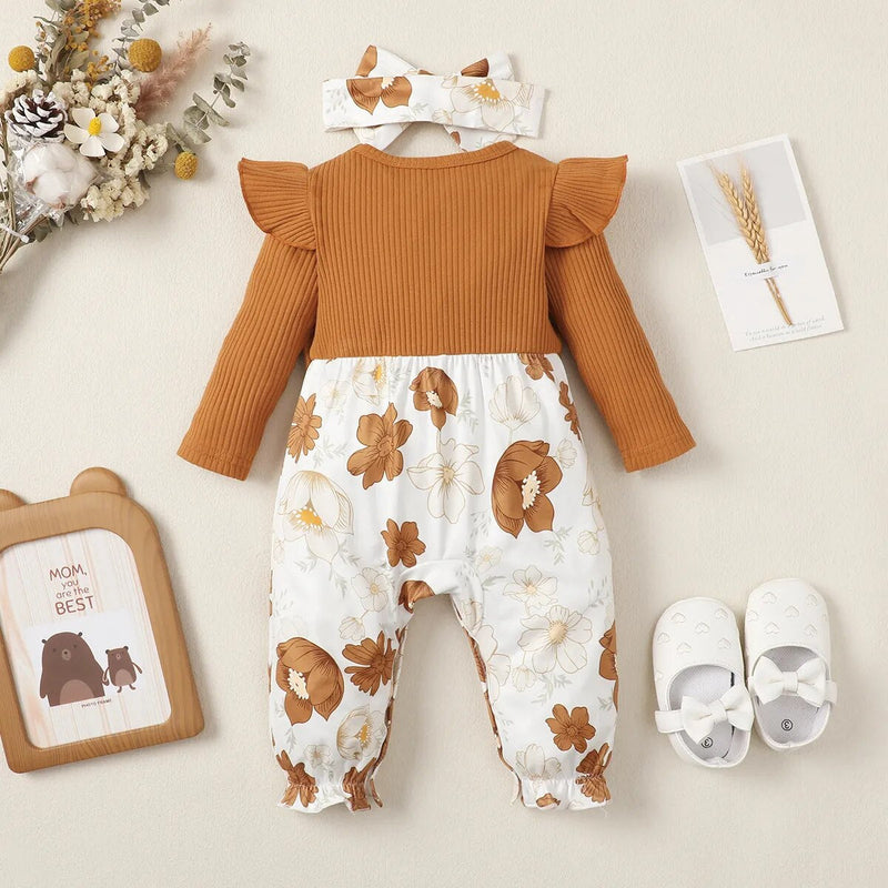 0-2-Year-Old Newborn Girls Rompers Spring Autumn Brown Long-Sleeved Stitching Flower Print 2PCS Baby Clothing