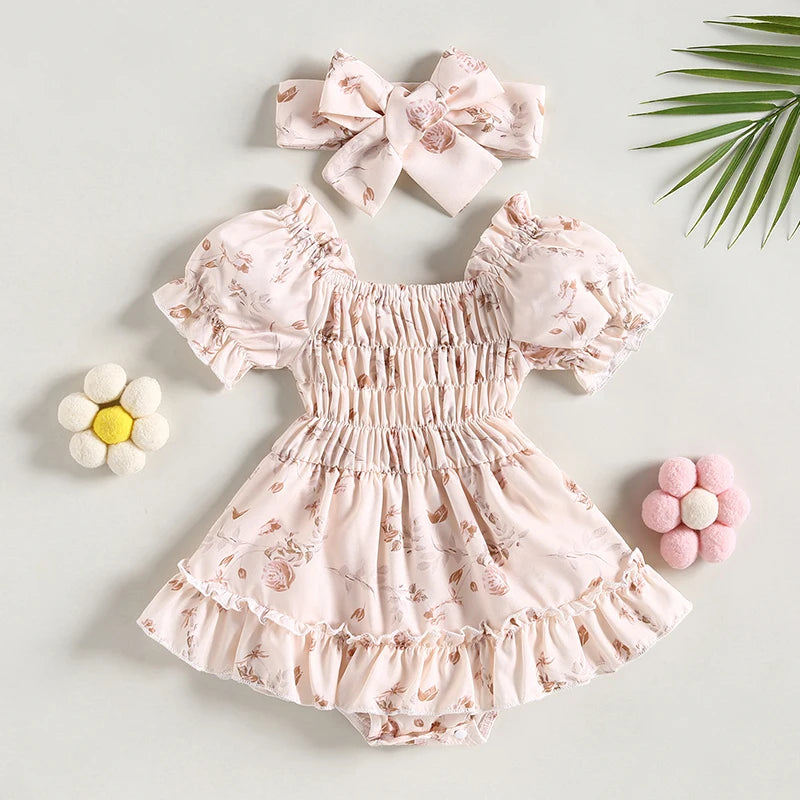 0-24M Summer Baby Girl Romper Newborn Infant Baby Floral Print Ruffle Jumpsuit Playsuit Sunsuit Headband Outfits