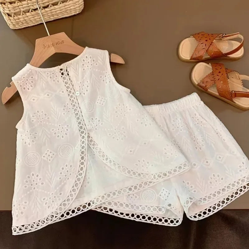 2023 Summer Children Baby Girl 2PC Clothes Set Cotton Hollow Lace Sleeveless Vest Elastic Waist Shorts Suit Toddler Girls Outfit