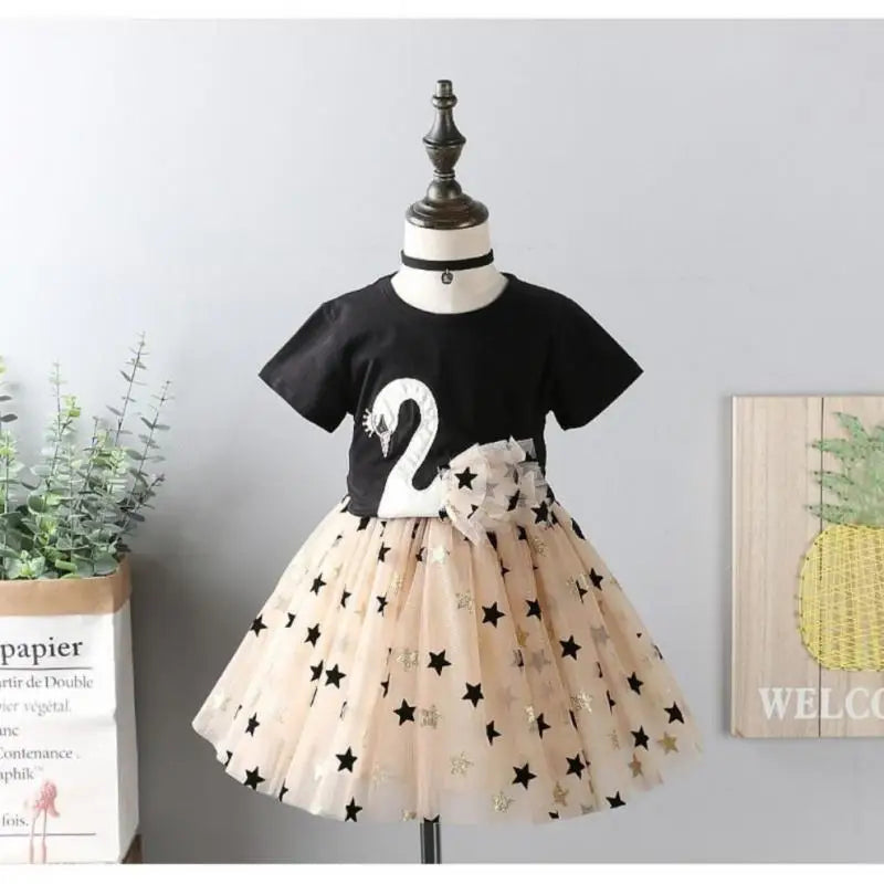 Summer Baby Girls Clothing Sets Cotton Cartoon Swan T-Shirt+Sequin Skirts 2Pcs Suit Children Fashion Princess Kids Dress Outfits