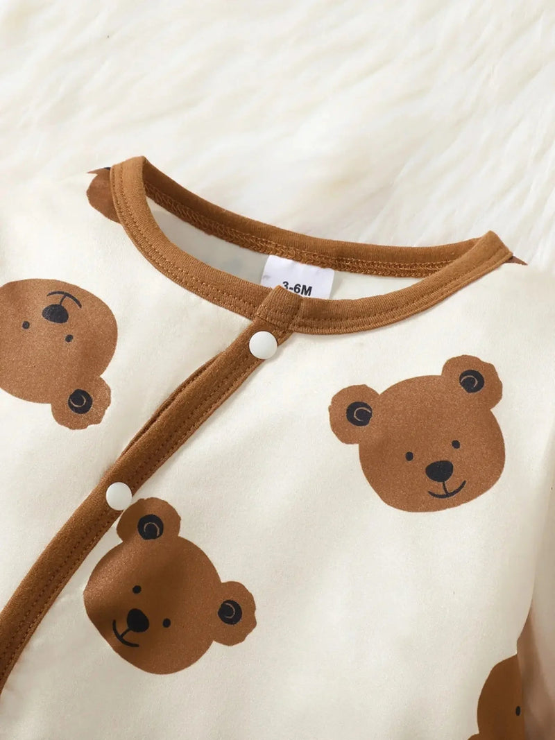 Winter Newborn Infant Baby Boys Romper Bear Print Long Sleeve Button up Front Rompers Kids Onepiece Soft Fashion Baby