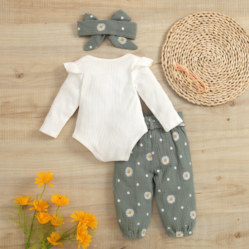 Infant Baby Girls 3PCS Romper Suit, Long Sleeve Plain Ribbed Snap Romper + Daisies Ruched Long Pants with Belt + Bow Headband