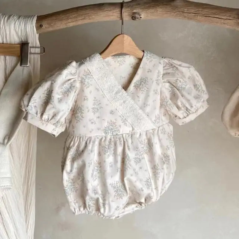 2024 Summer New Baby Girl Short Puff Sleeve Rompers Solid Newborn Clothes Girls Jumpsuit Square Neck Embroidery Bubble Romper