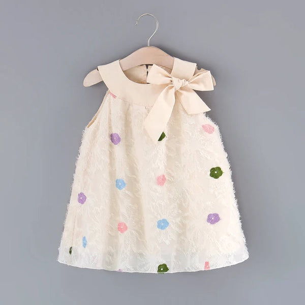 Girls' Summer New Sleeveless Dress Children'S round Neck Colorful Cute Flower Big Bow Baby Tassel Princess Dress