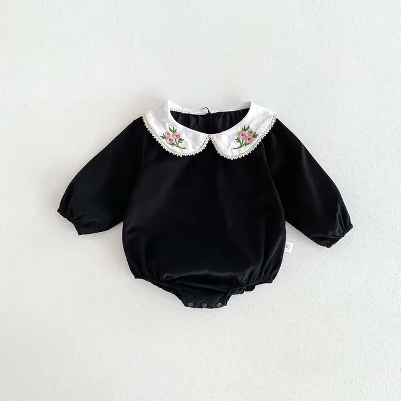 Autumn Infant Bodysuit Newborn Girls Romper Floral Embroidery Lapel Solid Color Long Sleeved Jumpsuit Baby Clothes 0-2 Years Old