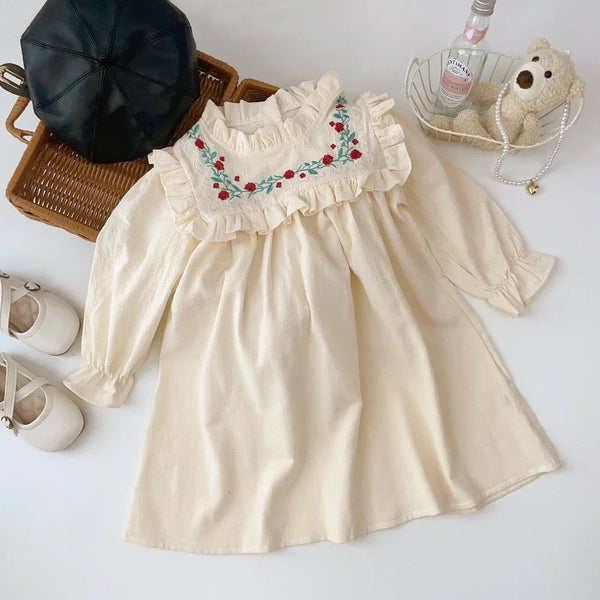 2023 New Spring Autumn Flower Embroidery Design Girls' Dress French round Neck Ruffle Cute Girls' Long Sleeve Skirt