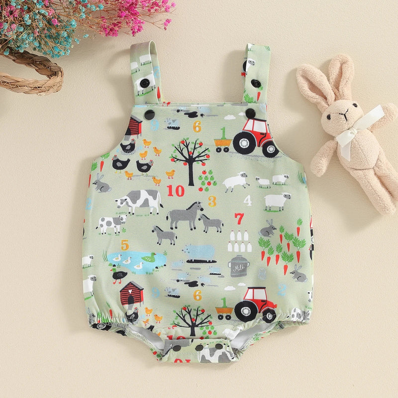 0-12M Newborn Baby Boys Girls Cute Romper Sleeveless Farm Animal Print Overalls Jumpsuits Summer Outfit