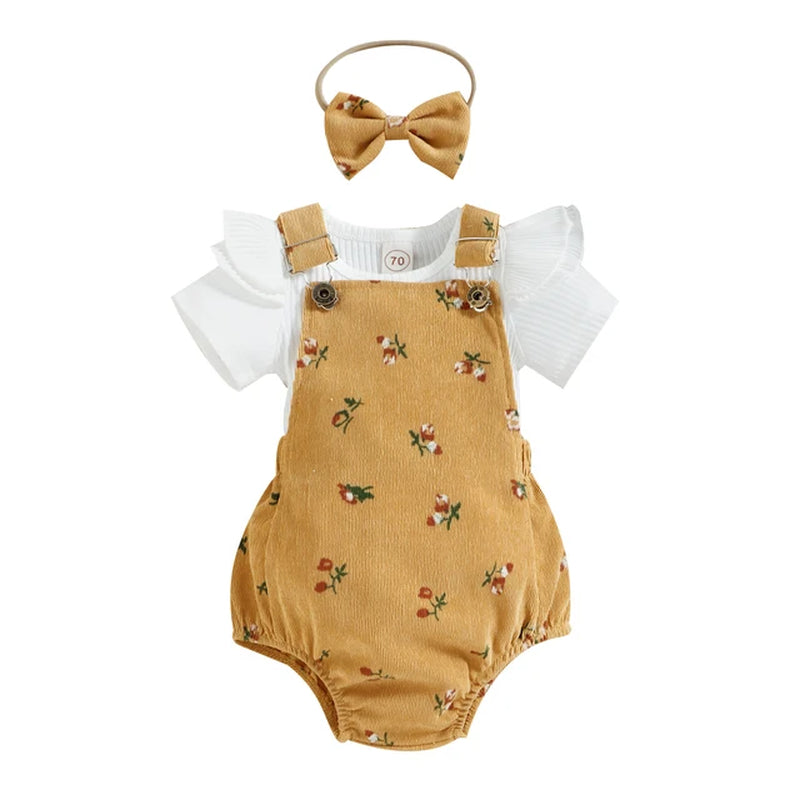 Infant Baby Girl Summer Clothes, Solid Color Fly Sleeve round Neck Tops + Flower Pattern Suspender Jumpsuit + Bow Headband