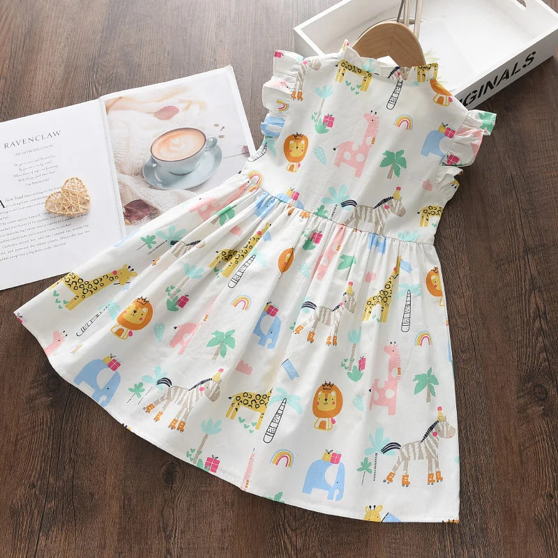 Cartoon Print Baby Girls Princess Dress New Fashion Summer Floral Toddler Kid Party Clothes Children Vestido