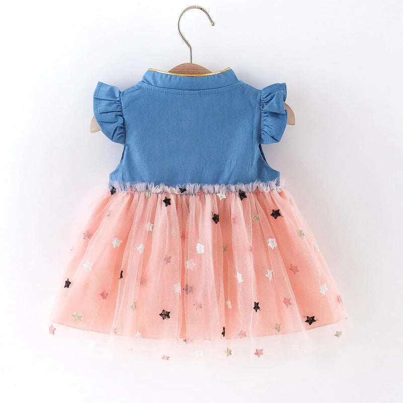 Girls' Summer New Little Flying Sleeve Dress Children'S Cute Bow Denim Splice Gold Plated Mesh Ponchy Skirt