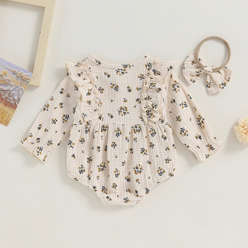 Baby Girls Flower Romper Long Sleeve Crew Neck Ruffle Floral Print Princess Clothes Fall Bodysuit with Headband Outfit