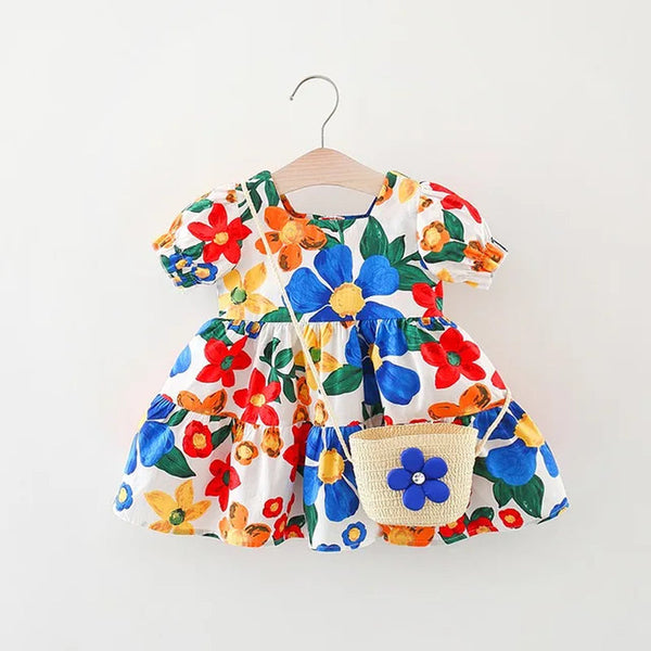 2 Pieces/Set Free Woven Bag 2023 New Summer Baby Girl Dress Tropical Print Beach Ins Short Sleeve Daily Wear