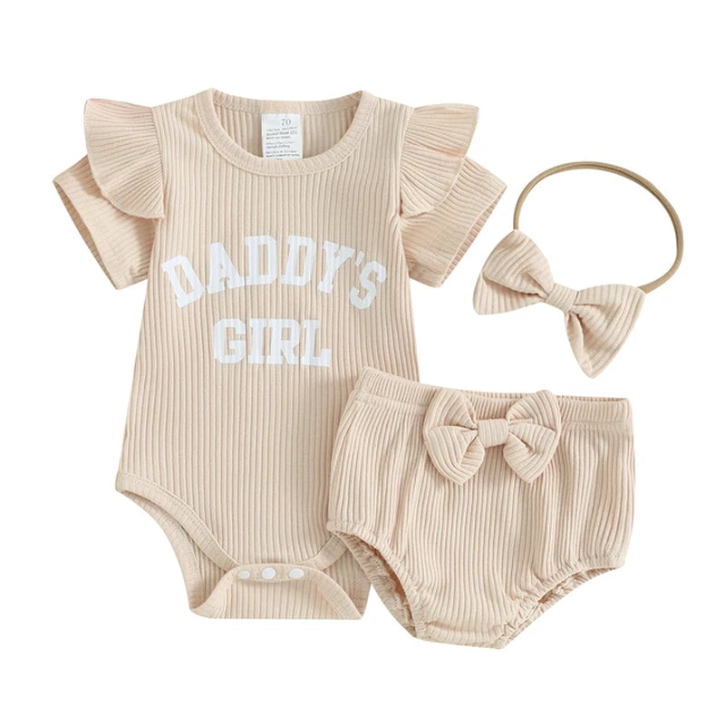 Baby Clothing Girls Summer Outfits Letter Print Ribbed Short Sleeve Romper and Shorts Cute Headband 3 Piece Clothes Newborn Set