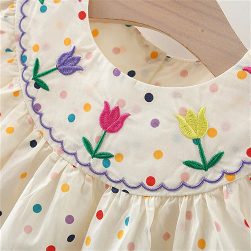 New Cute Girl'S Dress Sweet Rose Embroidered Small round Dots Korean Version Loose Bubble Sleeve Cotton Beach Skirt