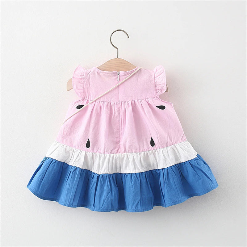 Summer Baby Girl'S Dress Cute Little Watermelon Print Flying Sleeves Knee-Length Daily Dress with Bag