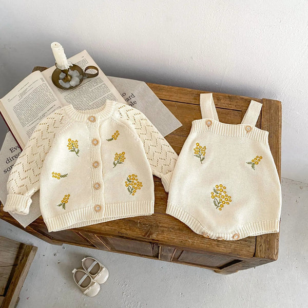 Spring Baby Girl'S Treasure Embroidered Hollow Long Sleeved Knitted Coat+Flower Knitted Romper 2 Pieces Can Be Sorted