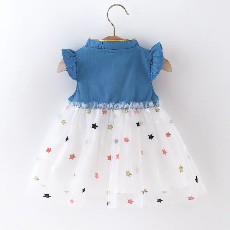 Girls' Summer New Little Flying Sleeve Dress Children'S Cute Bow Denim Splice Gold Plated Mesh Ponchy Skirt