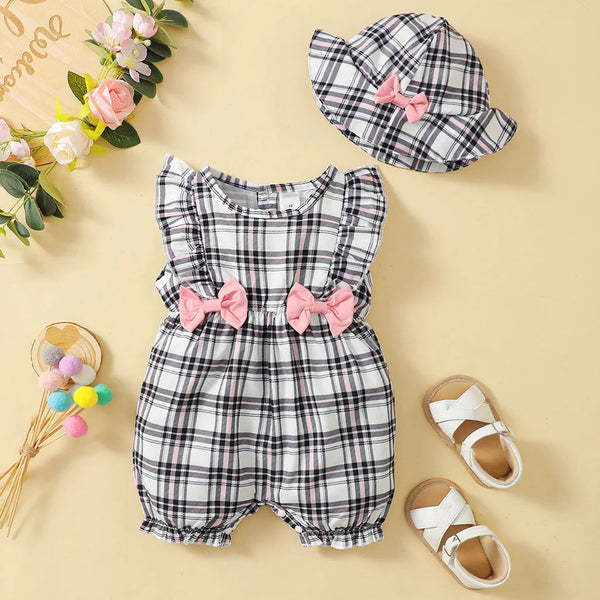 0-18Months Newborn Baby Girl Clothes Cute Plaid Design Summer Romper +Hat 2Pcs Suit Fashion Holiday Clothing for Toddler Girl