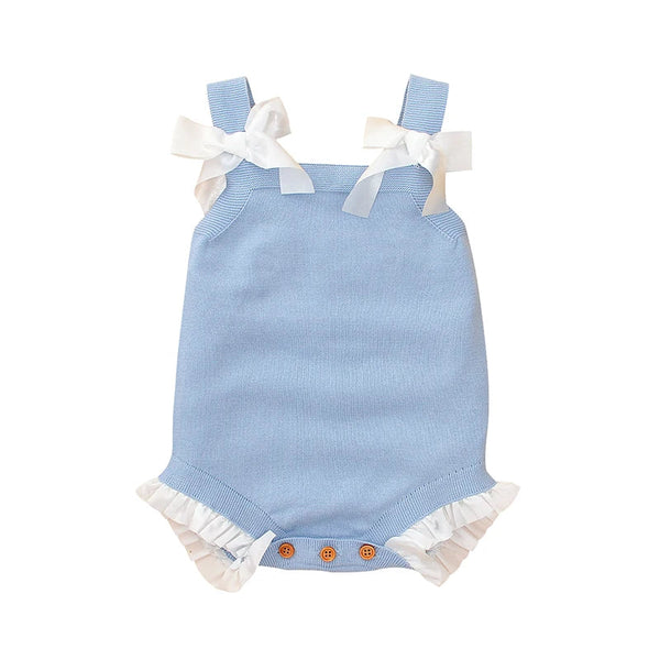 Adorkable Bowknot Spaghetti Straps Knitted Sleeveless Newborn Baby Girls Cotton Rompers Breathable Baby Bodysuit for Summer