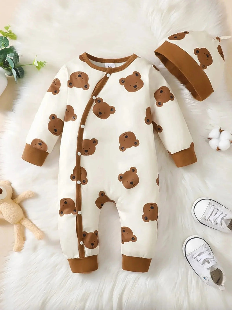 Winter Newborn Infant Baby Boys Romper Bear Print Long Sleeve Button up Front Rompers Kids Onepiece Soft Fashion Baby