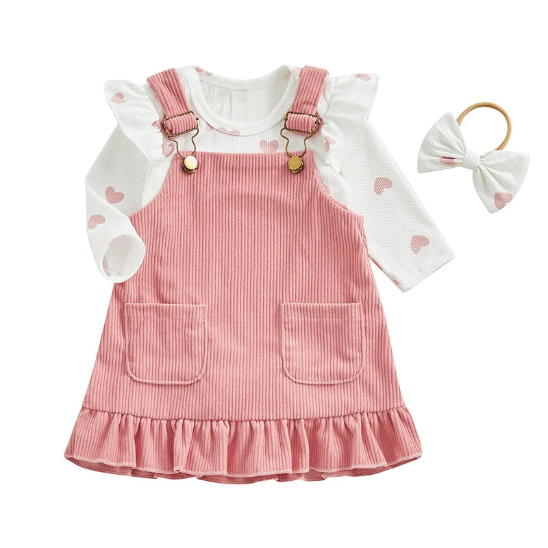 Infant Baby Girls 3Pcs Spring Outfits Heart Print Romper Suspender Skirt Headband Set Newborn Clothes 0-18M