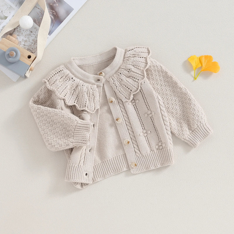 Princess Baby Girls Knitted Cardigan Sweater Cute Doll Collar Crochet Button Closure Clothes Outerwear Winter Kids Tops Outfits