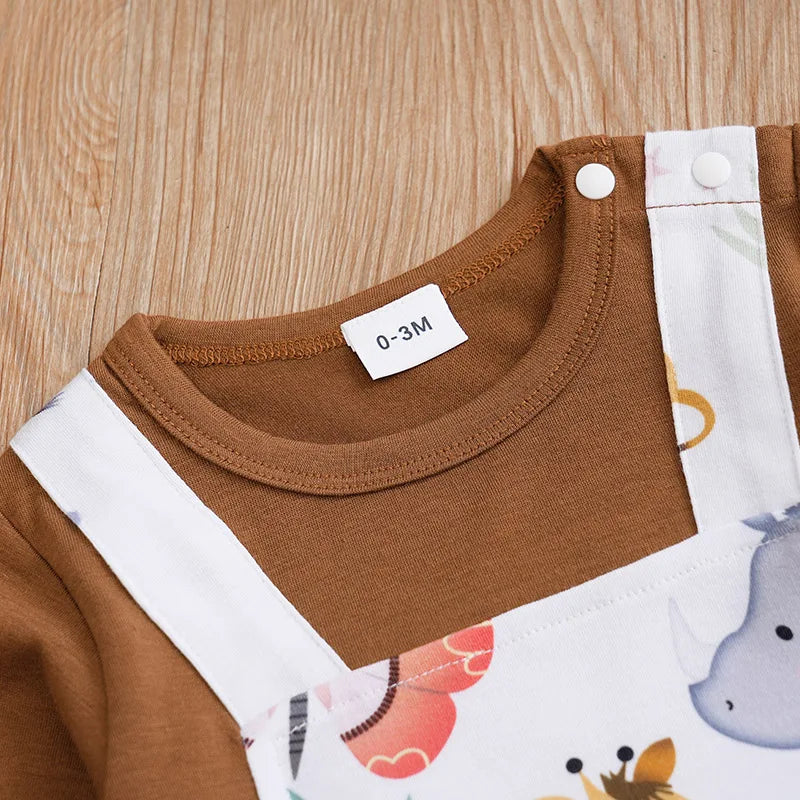 Spring and Autumn Boys and Girls Cute Cartoon Animal Full Print Strap Long Sleeve Baby Bodysuit