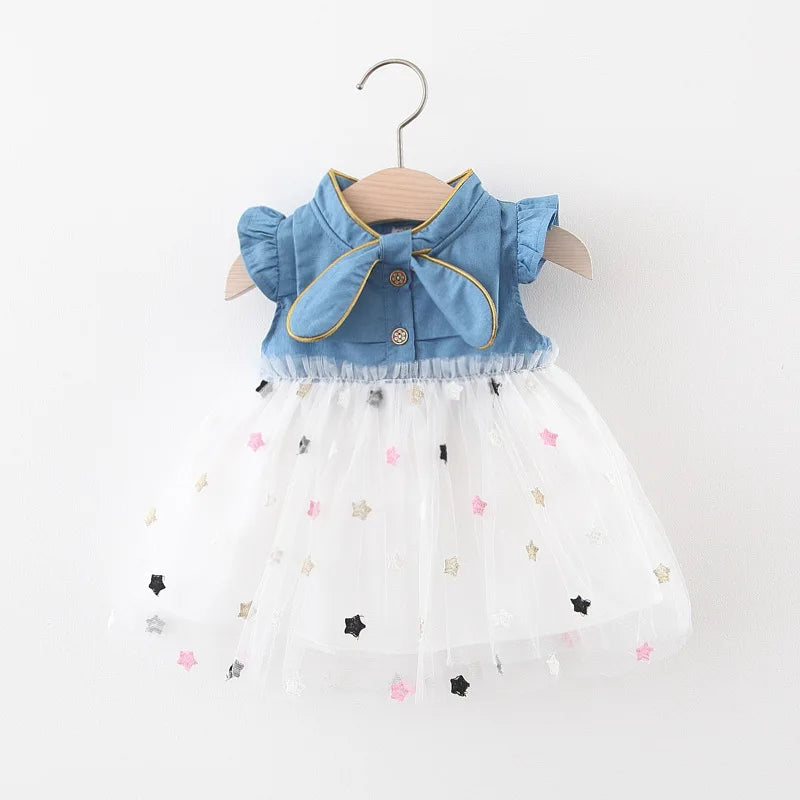 Girls' Summer New Little Flying Sleeve Dress Children'S Cute Bow Denim Splice Gold Plated Mesh Ponchy Skirt